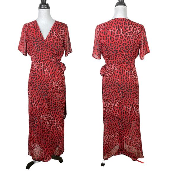 Bardot | NWT Red Leopard Print Chiffon Midi Wrap Dress - Picture 3 of 10